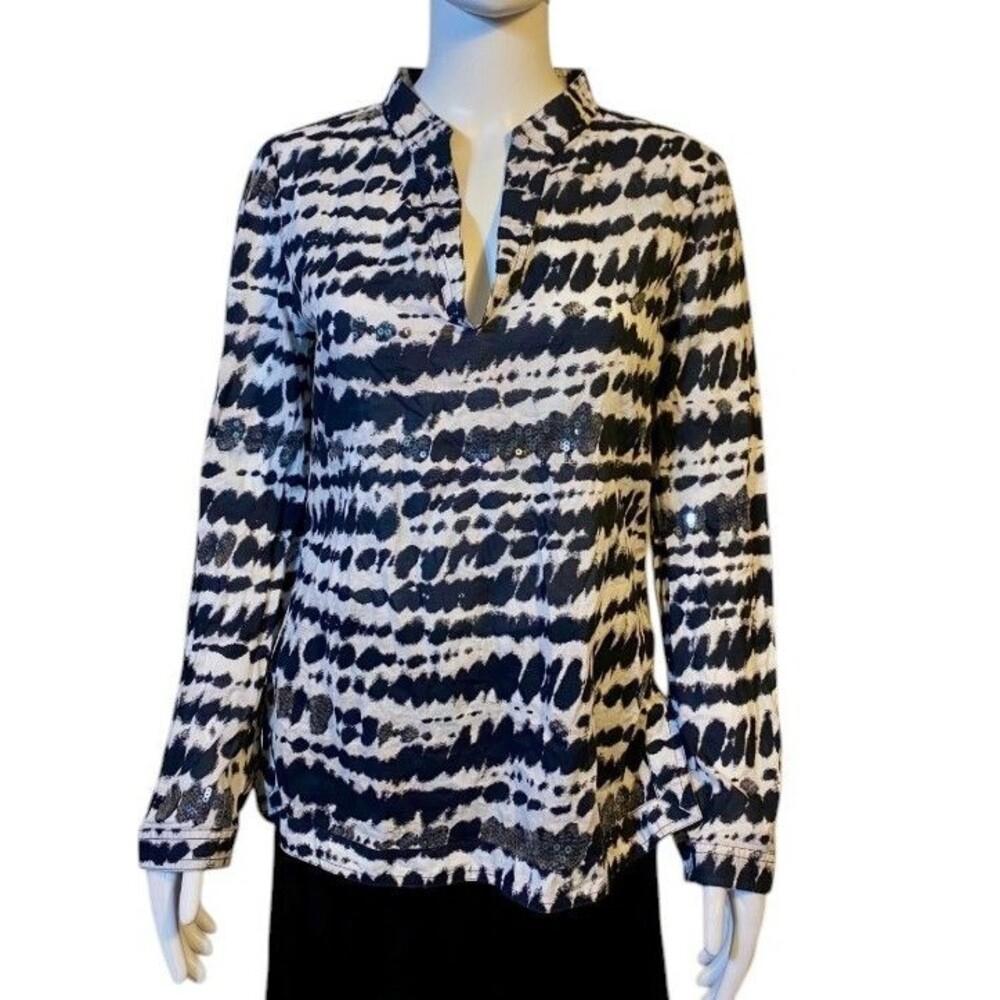 Tory Burch Sequin Embellished Tie Dye Ikat Tunic Blouse Cotton Womens Size 10 D